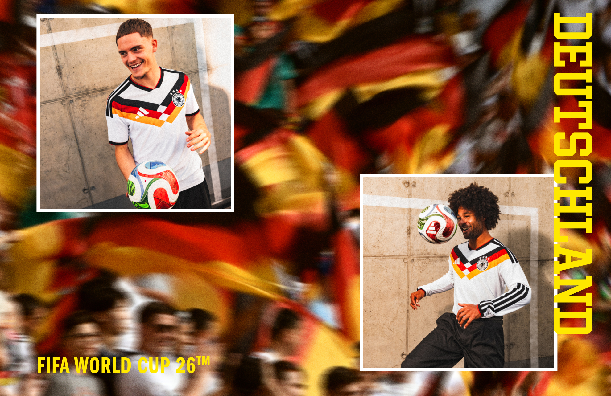 Visual composition featuring Flo Wirtz wearing the Germany FIFA World Cup 26™ Home Kit
