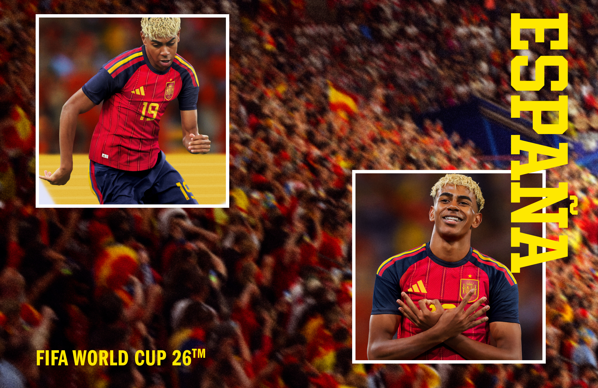 Visual composition featuring Lamine Yamal wearing the Spain FIFA World Cup 26™ Home Uniform